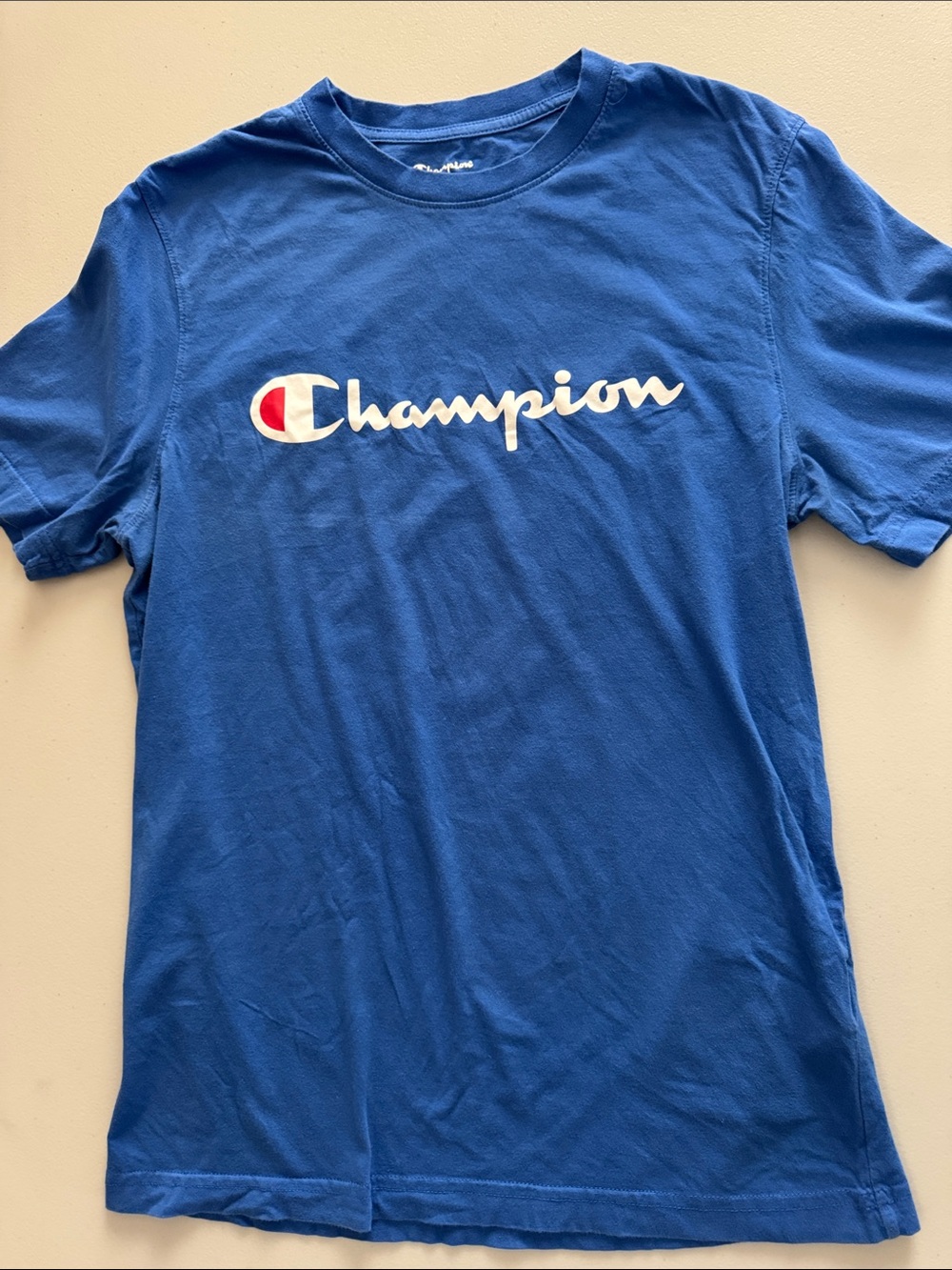 Champion Blue Short-Sleeve Logo Tee with Red & White Accent